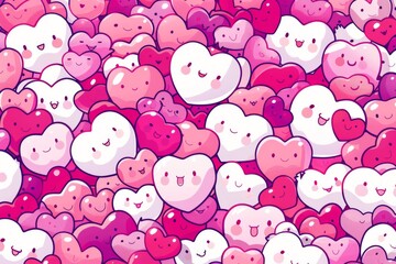 Adorable pink and white hearts with cute faces in a seamless pattern