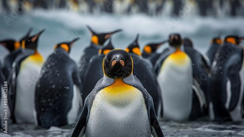 A group of king penguins standing together in their natural cold habitat, with one penguin in focus among the flock.
 photo