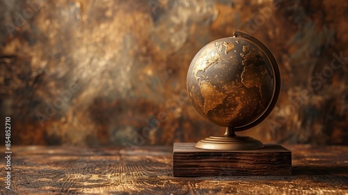 Vintage globe on wooden table against dark brown background, copy space