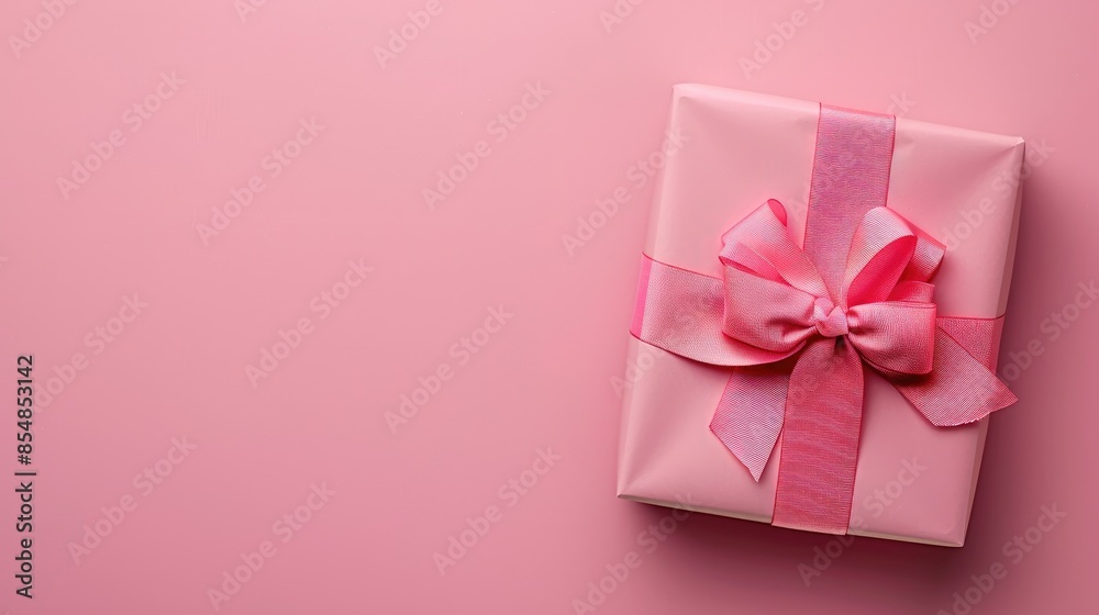 Pink background with gift box and bow viewed from top Space for text