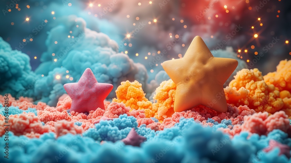 Obraz premium 3D render of colorful stars and clouds made from play doh, fantasy background, bokeh effect