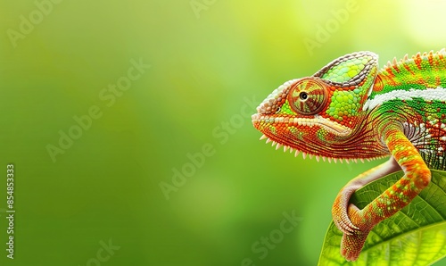 Adorable Chameleon on Vibrant Green Background with Room for Text A charming chameleon perched on a lush green backdrop