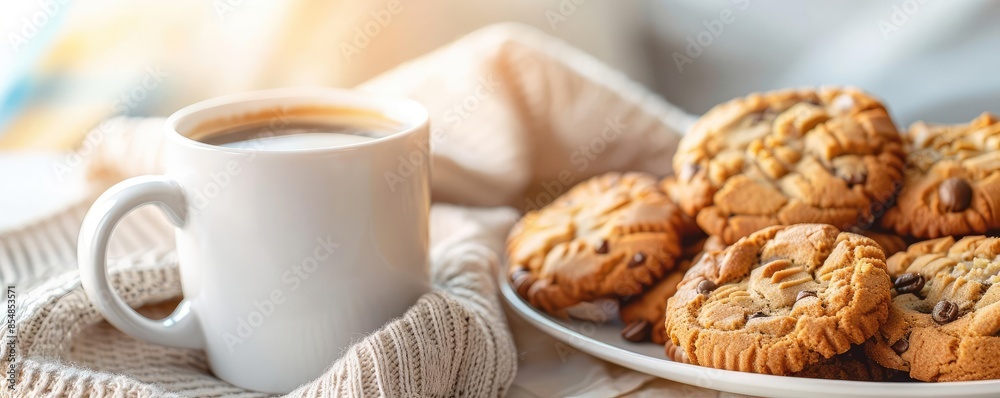 Coffee and Cookies, A coffee mug next to a plate of freshly baked cookies Casual attire like a casual dress or a cardigan Coffee and Cookies, A coffee mug next to a plate of freshly baked cookies Casual attire like a casual dress or a cardigan