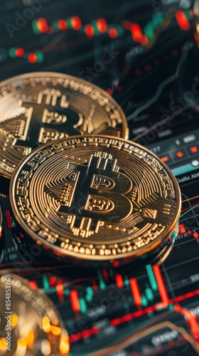 A golden bitcoin coin sits on top of a circuit board with a green background.