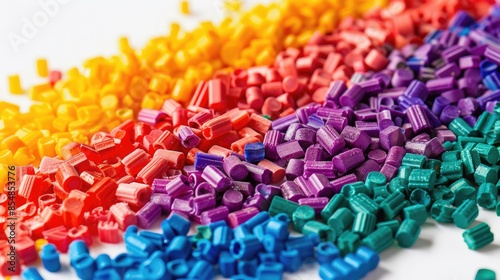 Vibrant plastic masterbatch pellets separated on a white backdrop photo