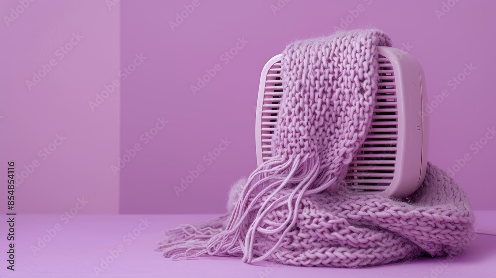 Electric heater with scarf on lilac background symbolizes heating season Electric heater with scarf on lilac background symbolizes heating season