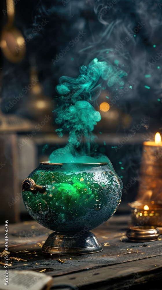 A witch's cauldron is filled with a green bubbling potion and surrounded by candles and smoke A witch's cauldron is filled with a green bubbling potion and surrounded by candles and smoke