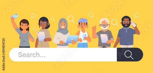 Divers people group with gadgets and search bar panel on yellow background. Searching concept flat vector