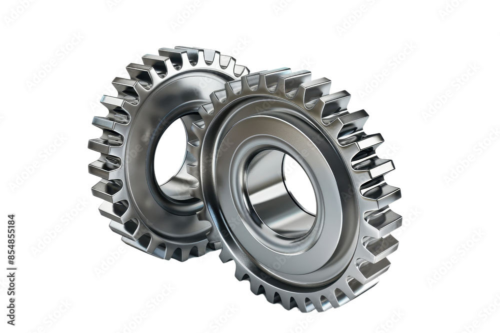 Close-up of two interlocking metallic gears on a transparent background. representing teamwork, engineering, and mechanical precision. Close-up of two interlocking metallic gears on a transparent background. representing teamwork, engineering, and mechanical precision.