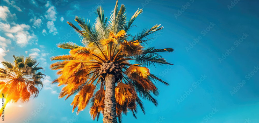 Palm tree against a clear blue sky, tropical paradise. Palm tree against a clear blue sky, tropical paradise.