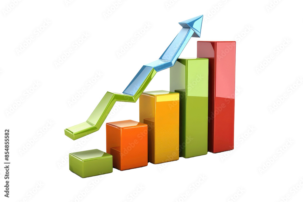3D bar chart with ascending arrow symbolizing business growth, success, and financial improvement in vibrant colors. 3D bar chart with ascending arrow symbolizing business growth, success, and financial improvement in vibrant colors.