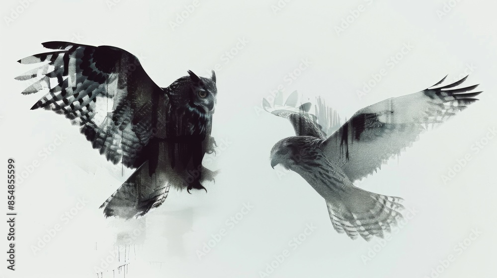 Fototapeta premium Duotone illustration of Owl And Hawk