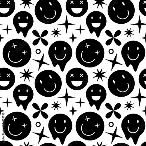 Modern seamless pattern with smile emoji and stars. Vector illustration. Happy smiling face icons. Creative funny background for teenagers.