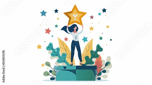 Flat illustration of woman standing on top of podium holding up golden star, white background, success concept 