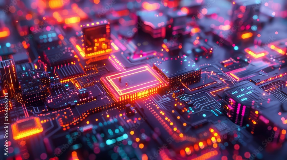 Futuristic Circuit Board with Glowing Lights and Abstract Electronic Components Futuristic Circuit Board with Glowing Lights and Abstract Electronic Components