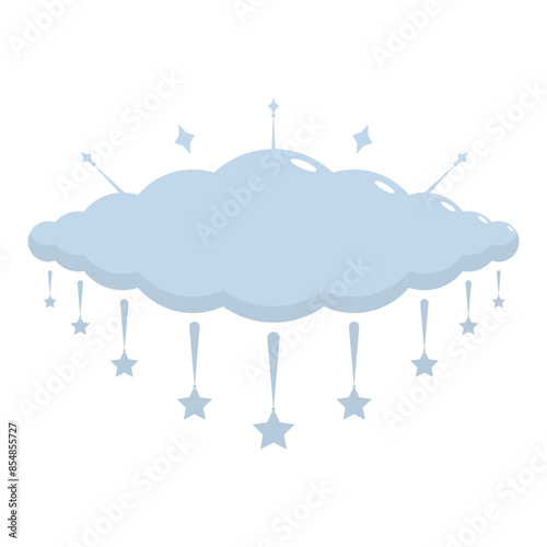 Cute light-blue cloud with stars and beads. Flat style illustration. Kid's clip-art cloud for print, decoration and design. Isolated on white background.