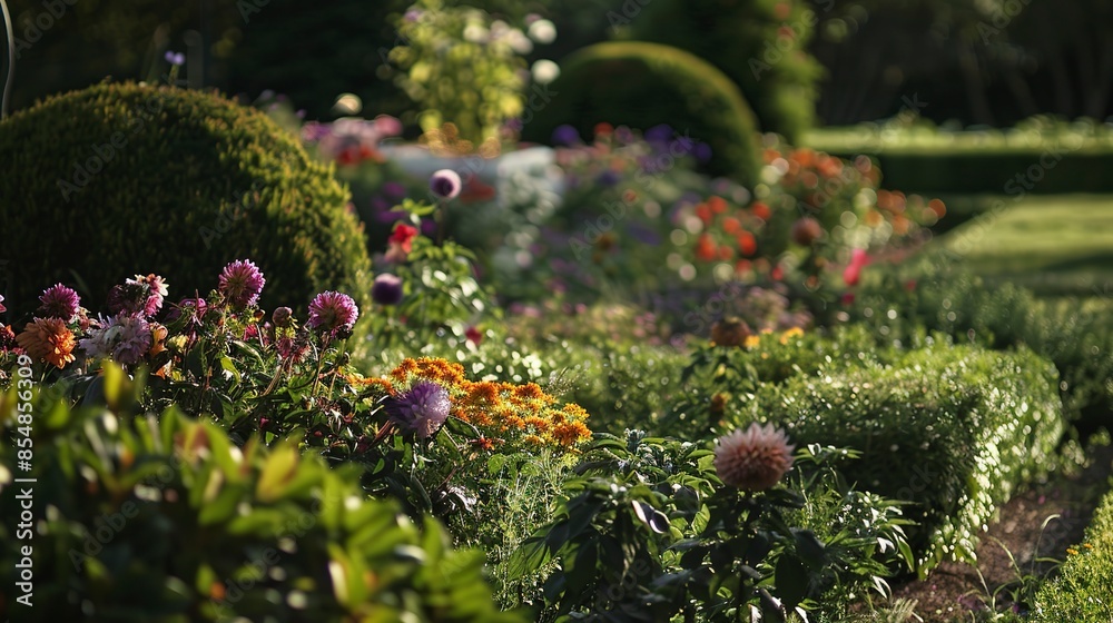 Obraz premium Sprawling blooms in formal garden, macro shot, late afternoon, rich colors, sharp details, majestic 