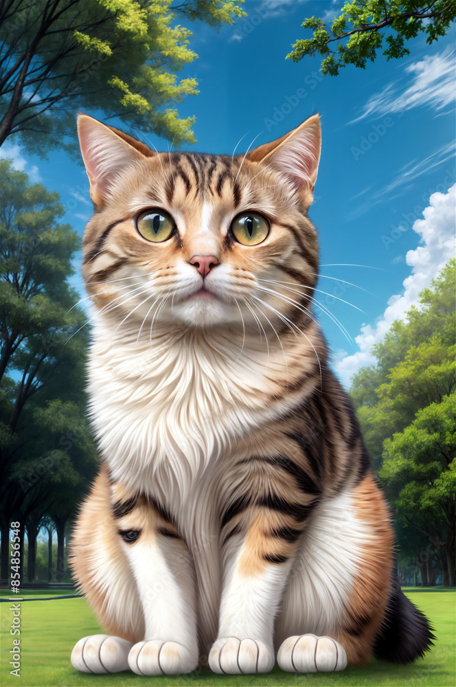 Obraz premium 공원에 앉자 있는 타이거 고양이(A tiger cat sitting in the park)