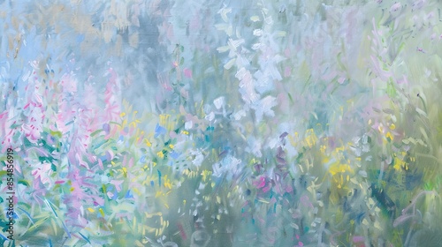 Close-up of Monet-style garden flowers, soft morning haze, pastel hues, impressionistic, detailed 
