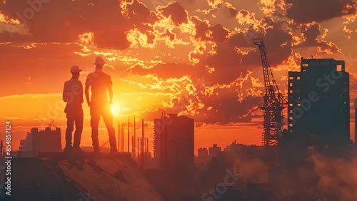Wallpaper Mural Engineer workers standing on a construction site and watching the sunset with building silhouettes in the background. Torontodigital.ca