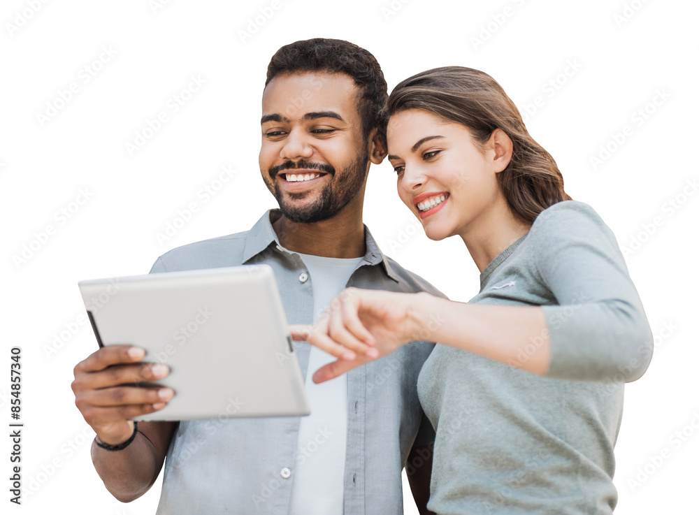 Beautiful happy young couple using digital tablet isolated transparent PNG. Joyful smiling woman and man looking at tablet. Love, travel, tourism, students lifestyle concept Beautiful happy young couple using digital tablet isolated transparent PNG. Joyful smiling woman and man looking at tablet. Love, travel, tourism, students lifestyle concept