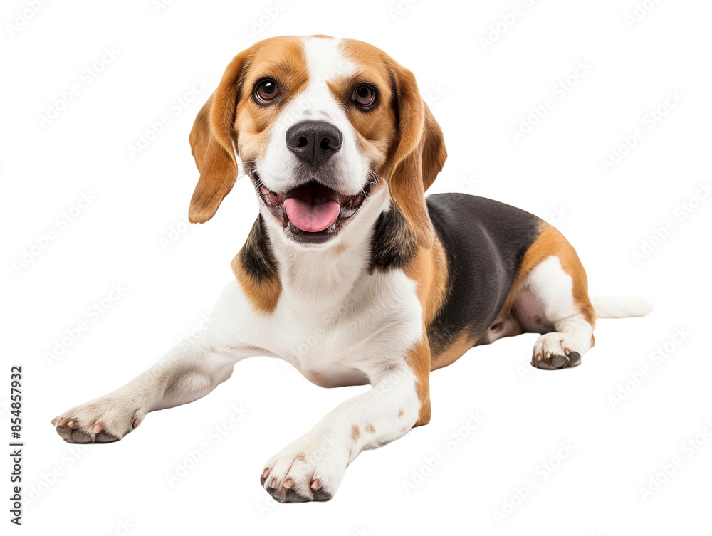 Full body shot of Beagle dog, lying down, smiling. Full body shot of Beagle dog, lying down, smiling.
