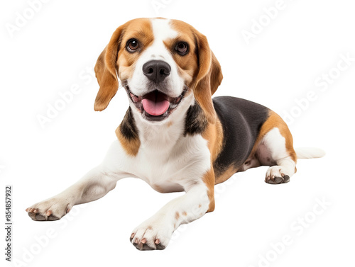 Full body shot of Beagle dog, lying down, smiling.