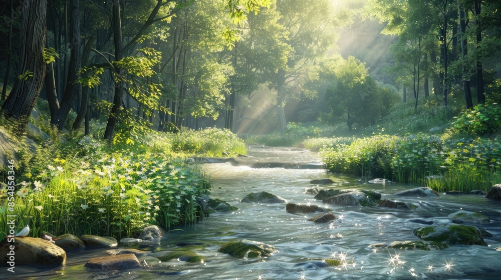 Obraz premium Scenic Spring Stream in a Forested Mountain Setting