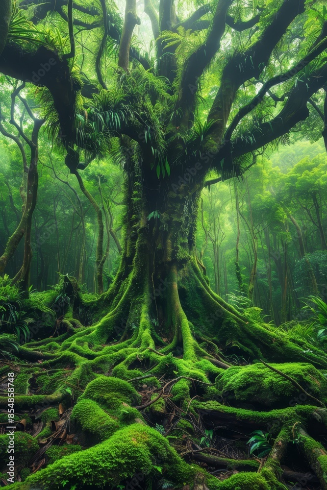 Fototapeta premium Majestic enchanted forest ethereal mist and magical glow, ideal for nature artwork