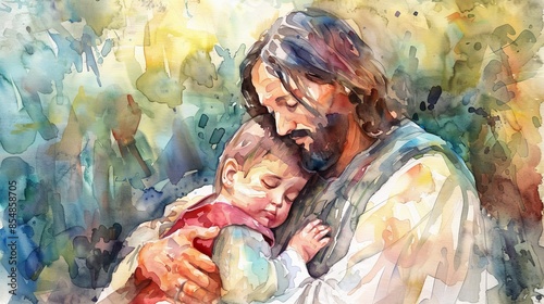 Stunning watercolor illustration of Jesus Christ embracing a child. © Stock Spectrum