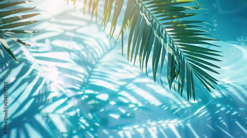 Minimalistic Summer Background Featuring Palm Tree Shadows on Clear Water Surface with Soft Pastel Blue and White Colors, Blurred Leaf Shadows, and Sunlight Reflections. 