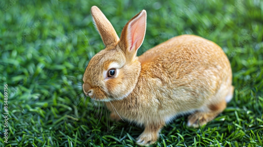 Easter bunny toy rabbit with ears on grass background Easter bunny toy rabbit with ears on grass background