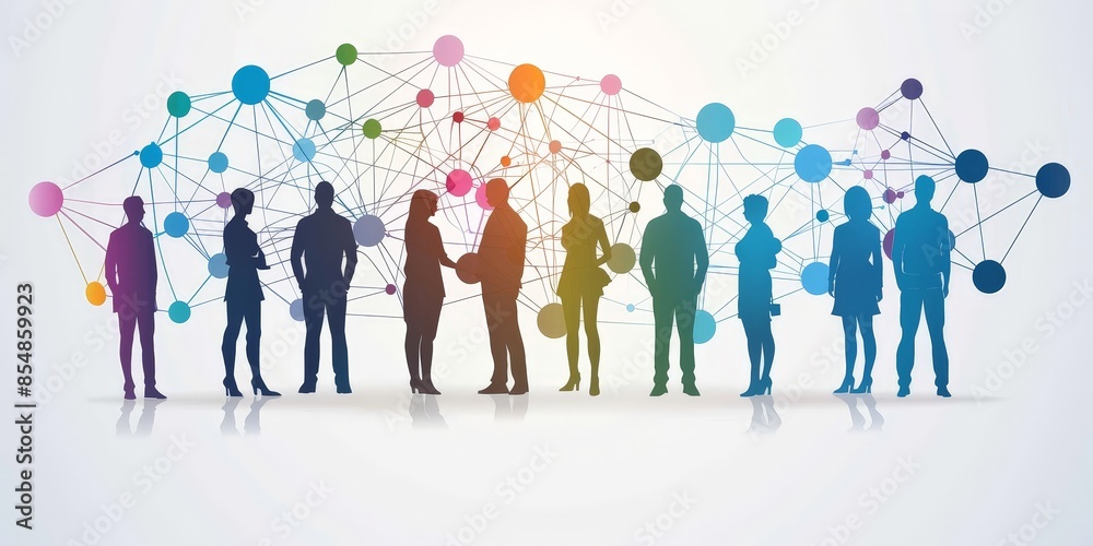 The image shows a group of people of various colors and heights standing in a row. They are connected to each other by a series of multicolored lines and dots.