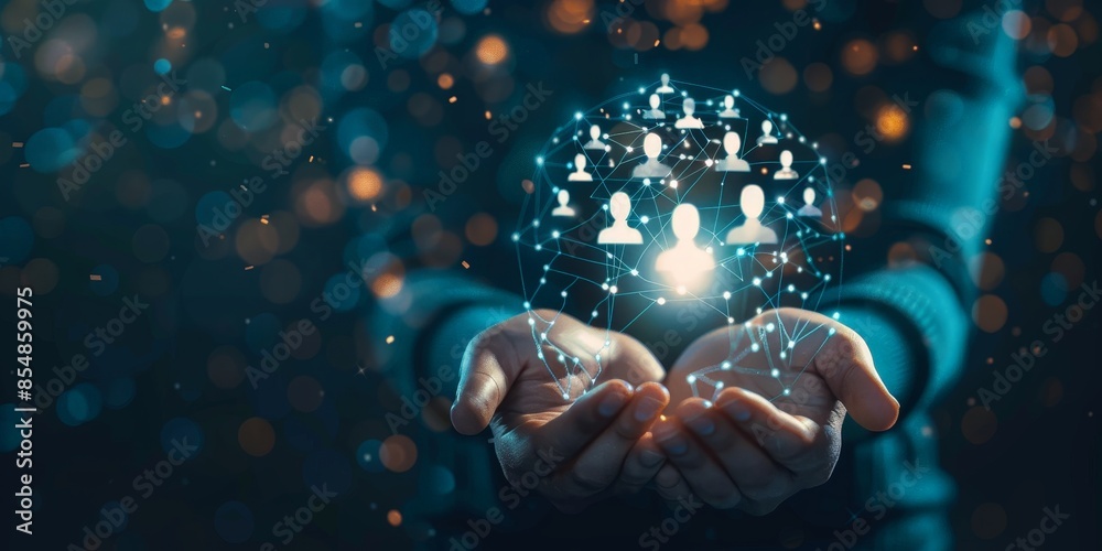The photo shows a pair of hands holding a glowing sphere with many small people-shaped icons. The sphere is surrounded by a dark blue background with many tiny, twinkling lights. The photo shows a pair of hands holding a glowing sphere with many small people-shaped icons. The sphere is surrounded by a dark blue background with many tiny, twinkling lights.