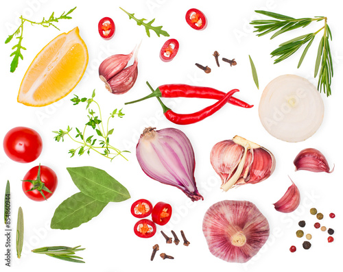Collection of herbs spices pepper garlic onion isolated on transparent background png.