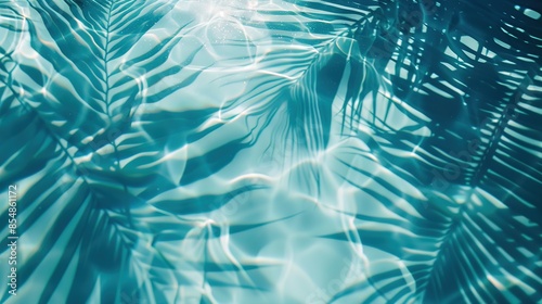 Minimalistic Summer Background Featuring Palm Tree Shadows on Clear Water Surface with Soft Pastel Blue and White Colors, Blurred Leaf Shadows, and Sunlight Reflections. 