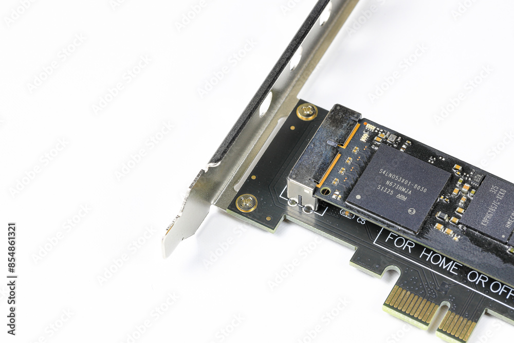 Close up Storage controller PCIe card with with NVMe storage isolate on a white background. Close up Storage controller PCIe card with with NVMe storage isolate on a white background.