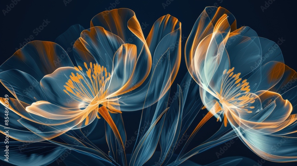 Two flowers with orange petals and blue stems Two flowers with orange petals and blue stems