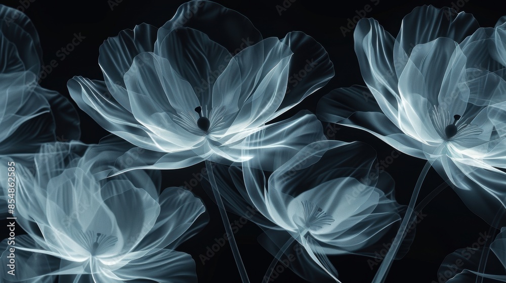 Obraz premium A series of blue flowers are shown in a black background