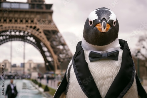 A stylish penguin poses in front of the iconic Eiffel Tower, looking like a true gentleman. The penguin's dapper suit and confident smile make for a hilarious and charming scene. photo