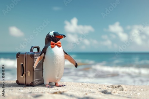 A well-dressed penguin takes a break from his travels and enjoys a sunny day at the beach.