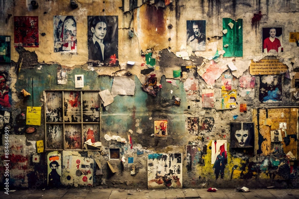 Fototapeta premium Urban Street Art Wall with Portrait Posters and Graffiti