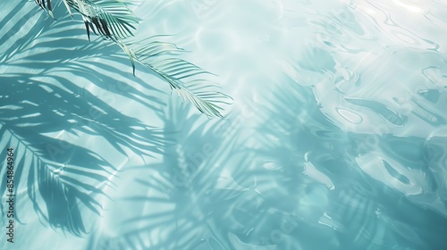 Minimalistic Summer Background Featuring Palm Tree Shadows on Clear Water Surface with Soft Pastel Blue and White Colors, Blurred Leaf Shadows, and Sunlight Reflections. 