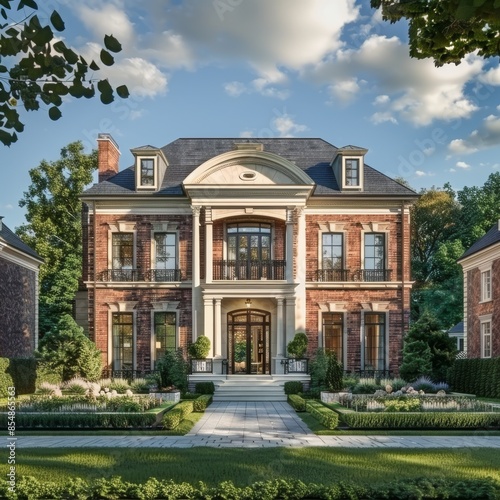 Prestigious village featuring luxury Georgian-style homes with brick facades, grand columns, and manicured lawns, evoking a sense of timeless elegance. © Jojo