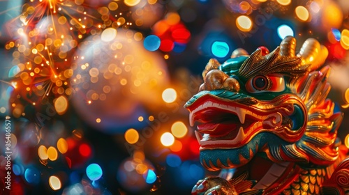 Vibrant Dragon Decoration with Festive Lights, Generative AI © studioclever