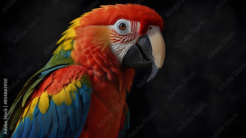 Obraz premium A vivid close-up of a scarlet macaw (Ara macao) highlights its brilliant red, blue, and yellow feathers. The bird's intelligent eyes and vibrant plumage make this a captivating and colorful portrait