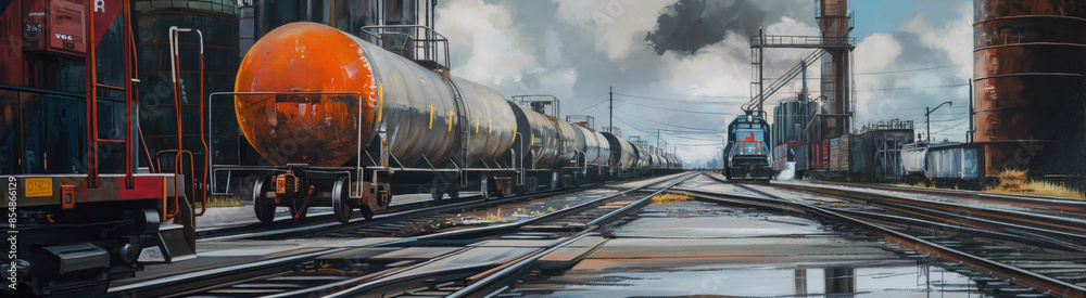 Industrial Train Yard: Freight Train with Tanker Cars in Urban Landscape. Industrial Train Yard: Freight Train with Tanker Cars in Urban Landscape.