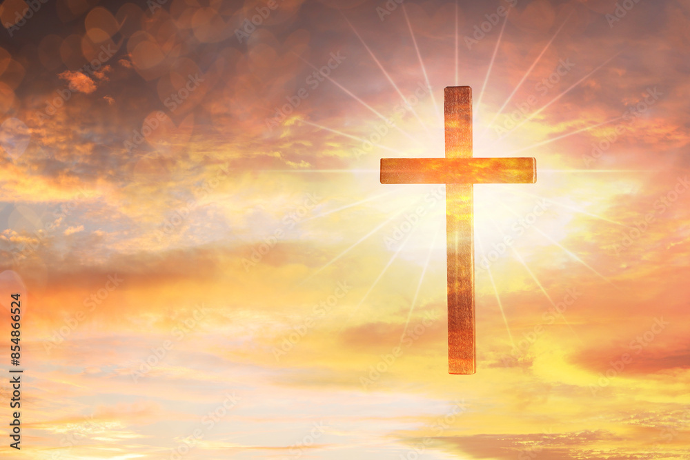 Cross lit by sunlight in sky, double exposure. Religion of Christianity Cross lit by sunlight in sky, double exposure. Religion of Christianity