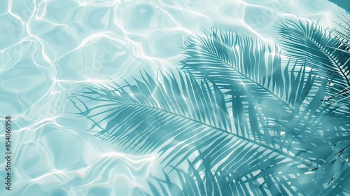 Minimalistic Summer Background Featuring Palm Tree Shadows on Clear Water Surface with Soft Pastel Blue and White Colors, Blurred Leaf Shadows, and Sunlight Reflections. 