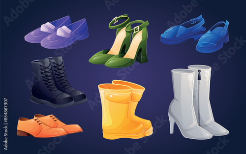 Collection of colorful and varied shoes. Vector set of cartoon isolated illustrations of boots, high heels and sandals.